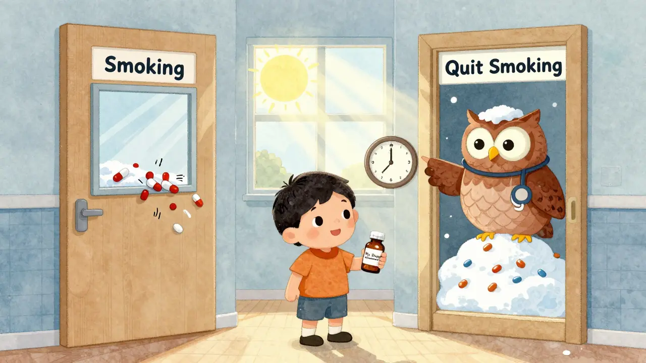 A child between two doors showing how smoking speeds up medicine, while quitting causes it to build up.