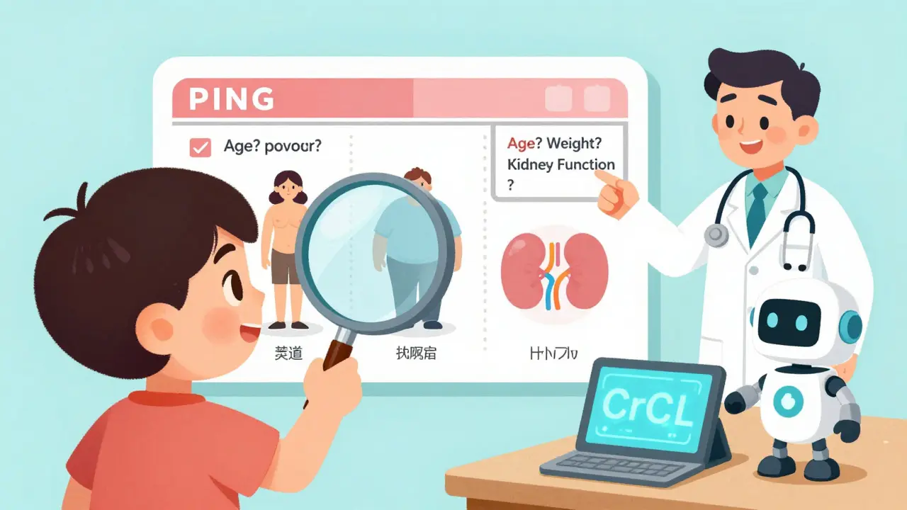 A child uses a magnifying glass to reveal hidden dosing factors: age, weight, and kidney function on a prescription.