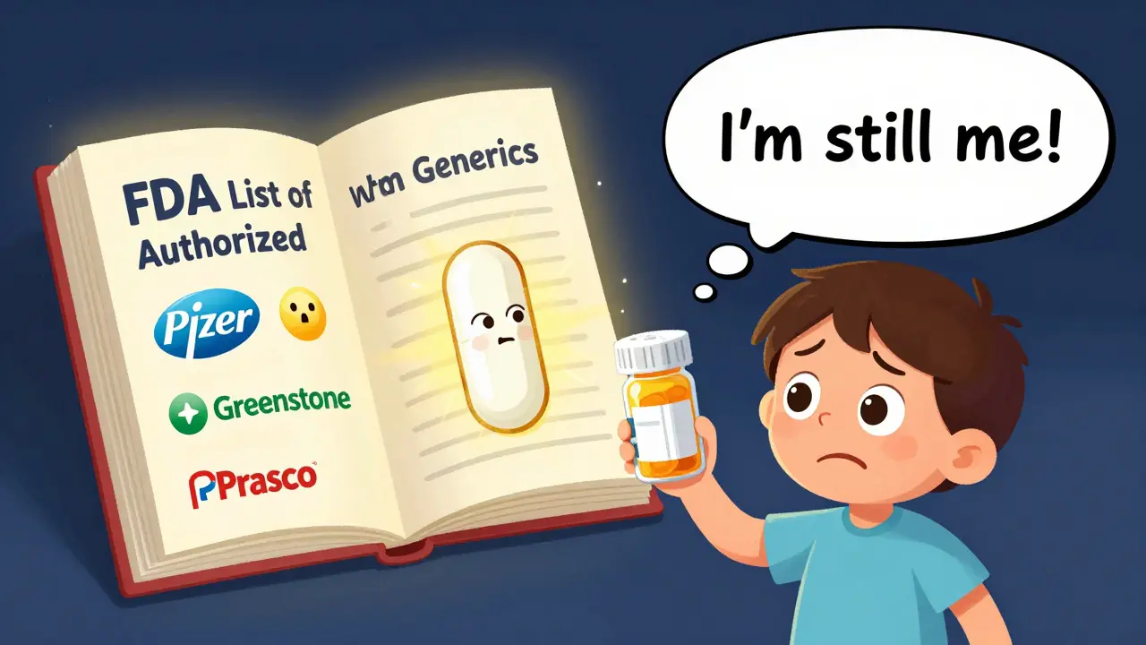 A confused patient holding a pill bottle as a talking pill says 'I'm still me!' with an open FDA list book glowing nearby.
