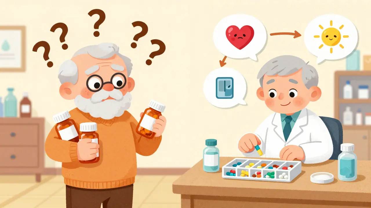 A confused senior compares pill bottles while a pharmacist helps sort them into an organized system with simple visual guides.