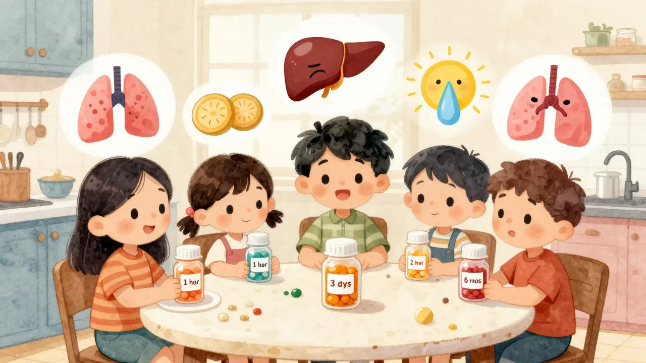 A family at a kitchen table with pill bottles labeled by time windows, and playful symptom icons floating above them.