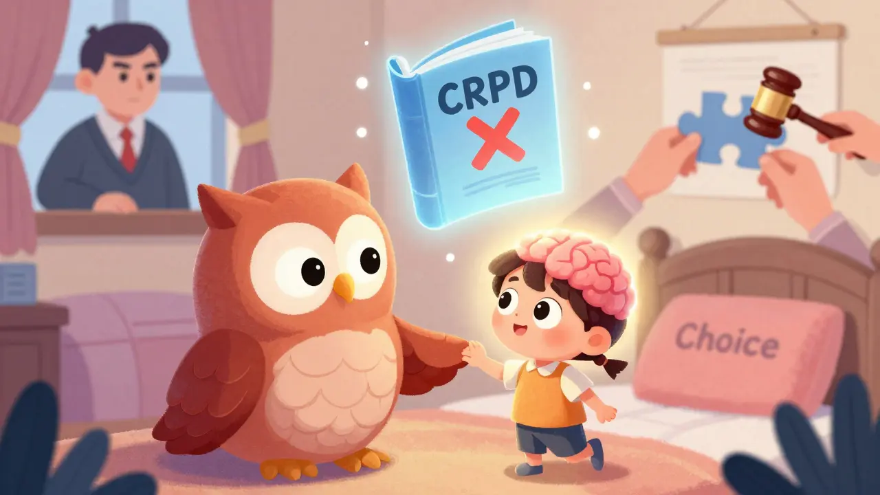 A guardian owl holds hands with a child with a glowing brain, while a transparent book with a red X hovers above them.