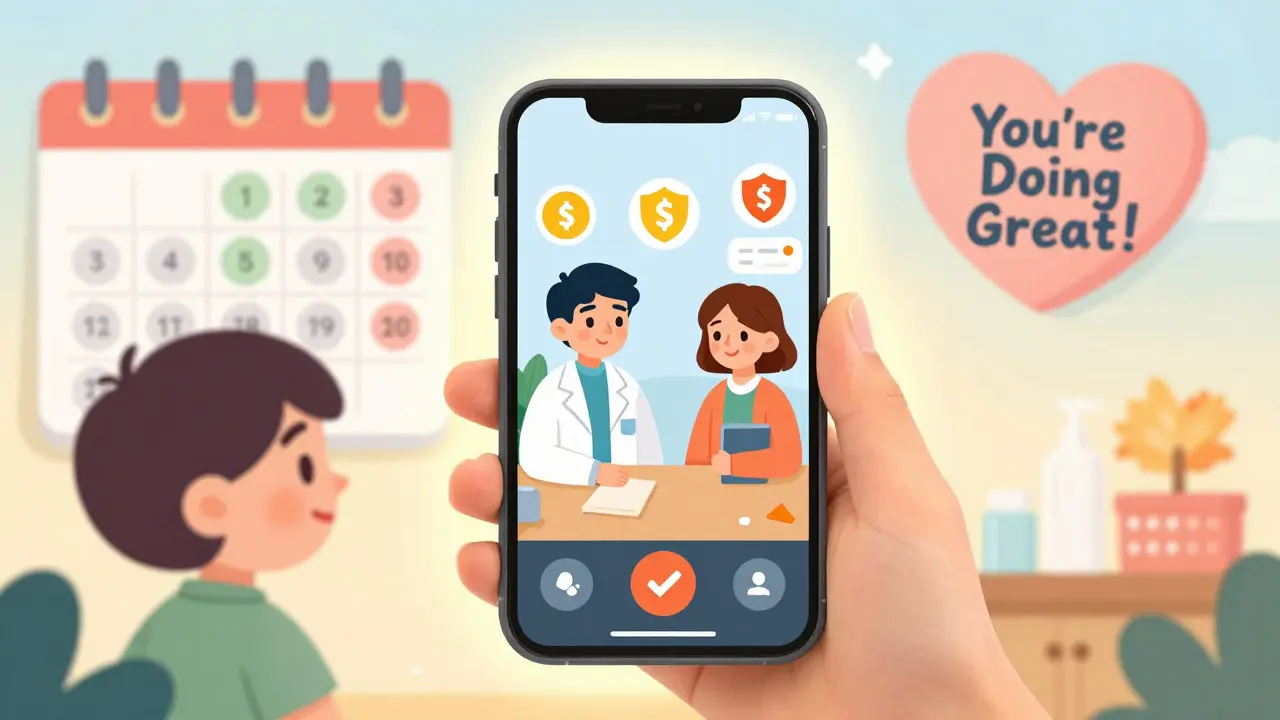 A pharmacist video-calls a patient’s caregiver, with floating icons showing medication safety, savings, and adherence.