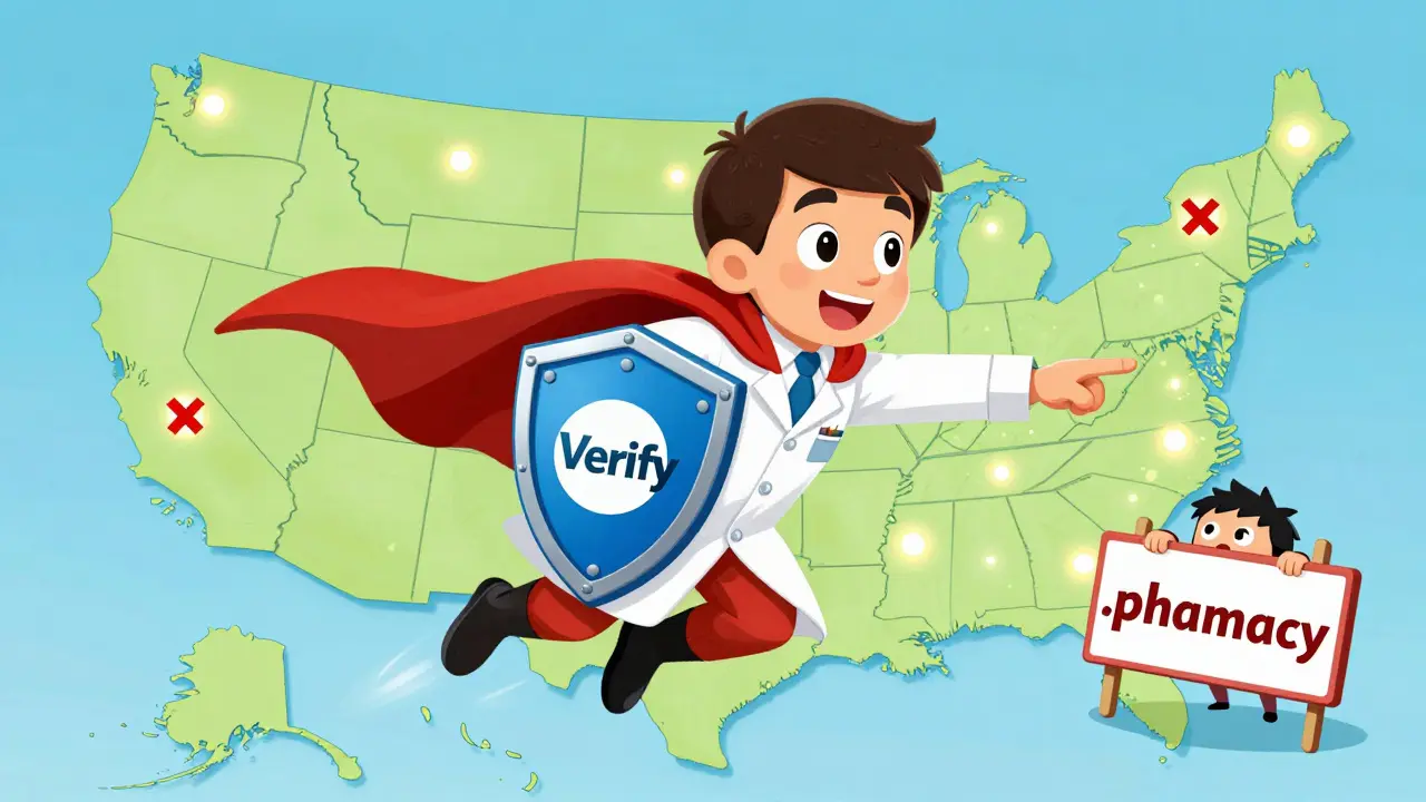 A superhero pharmacist flies over a U.S. map, shielding verified pharmacies from sneaky fake ones with fake domains.