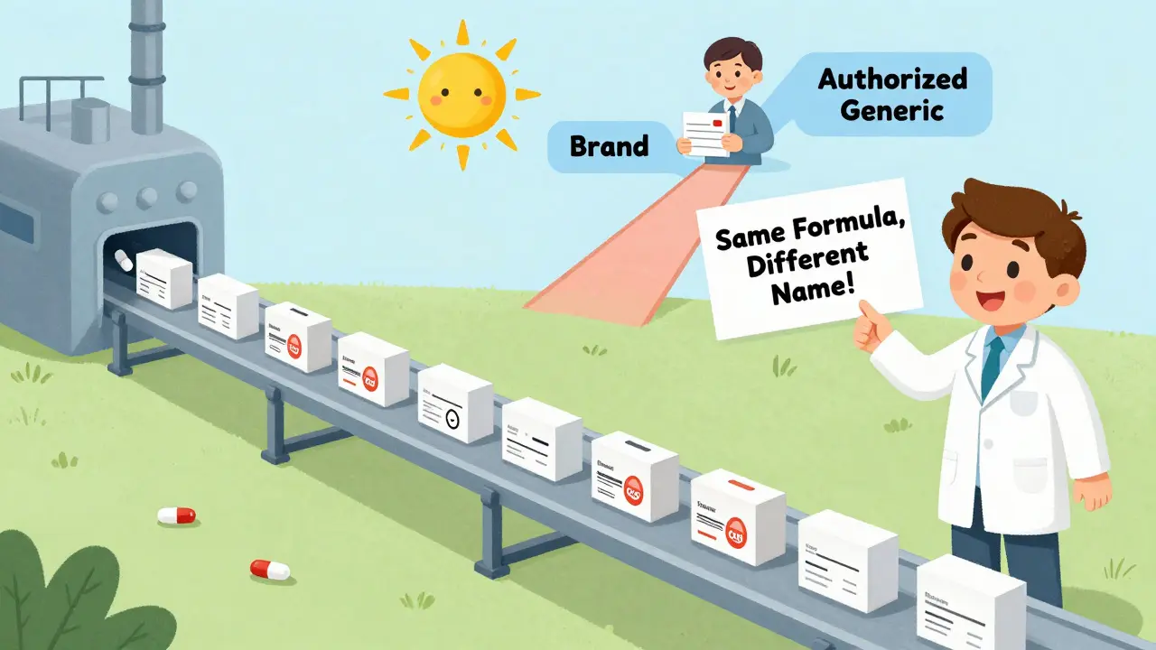 Factory production line making identical pills packed into two different labeled boxes, with a scientist explaining.