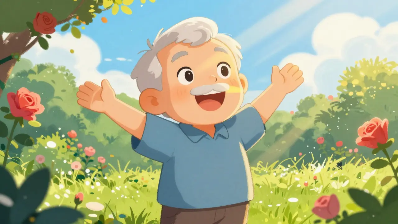 Happy senior enjoying bright colors and clear vision in sunny garden.