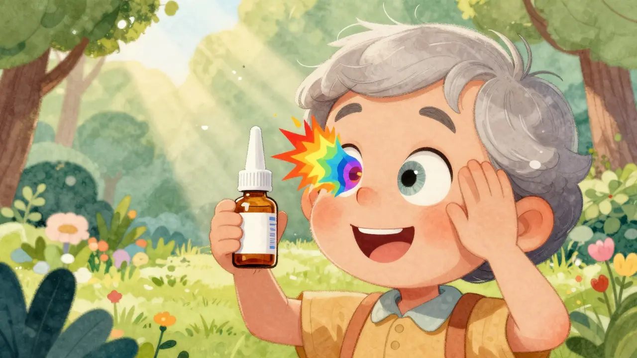 Happy senior opening eyes to see colorful garden after recovery.