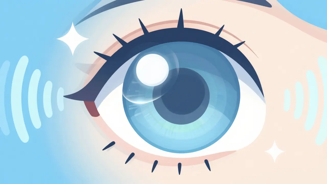Illustrated clear artificial lens replacing cloudy natural eye lens gently.