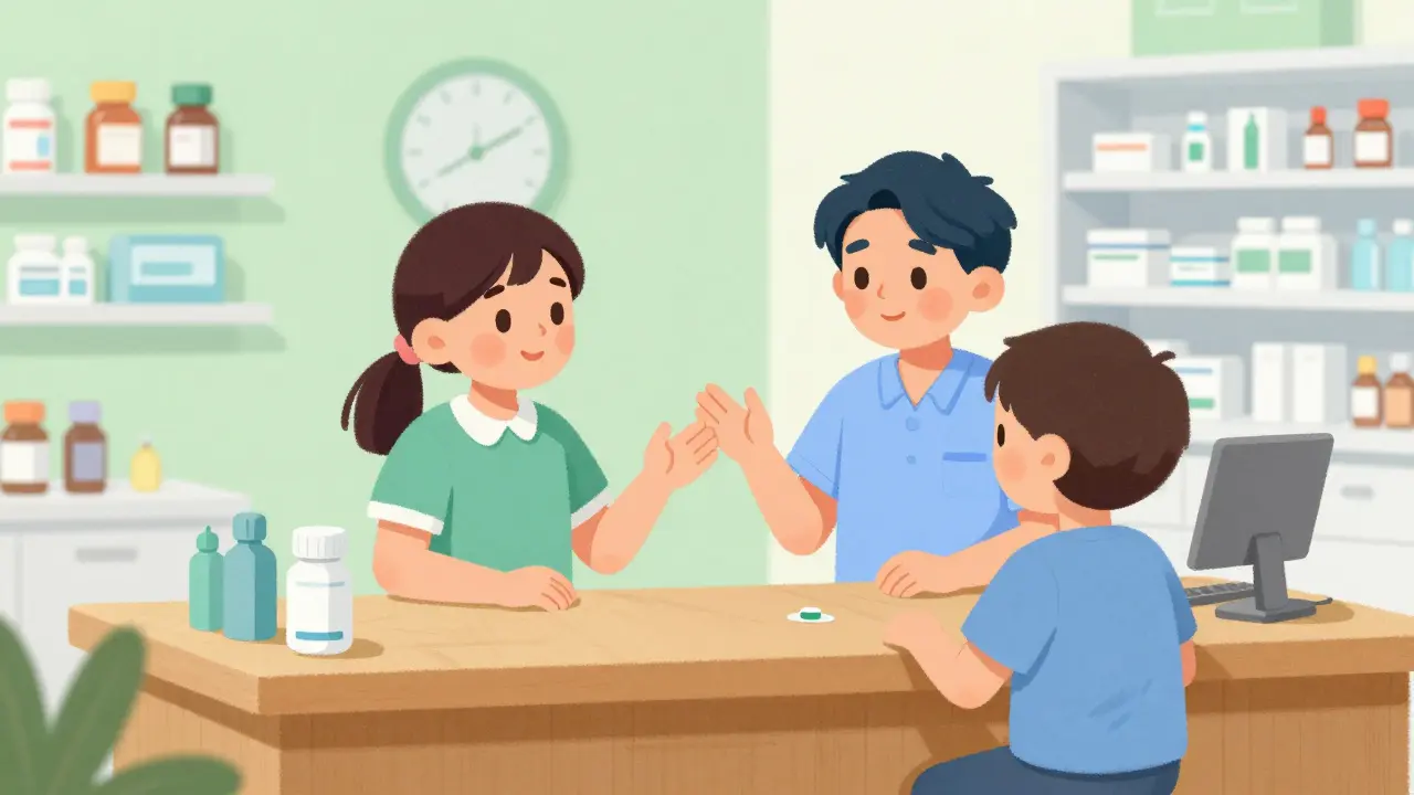 Patient and pharmacist having a calm conversation about medication.