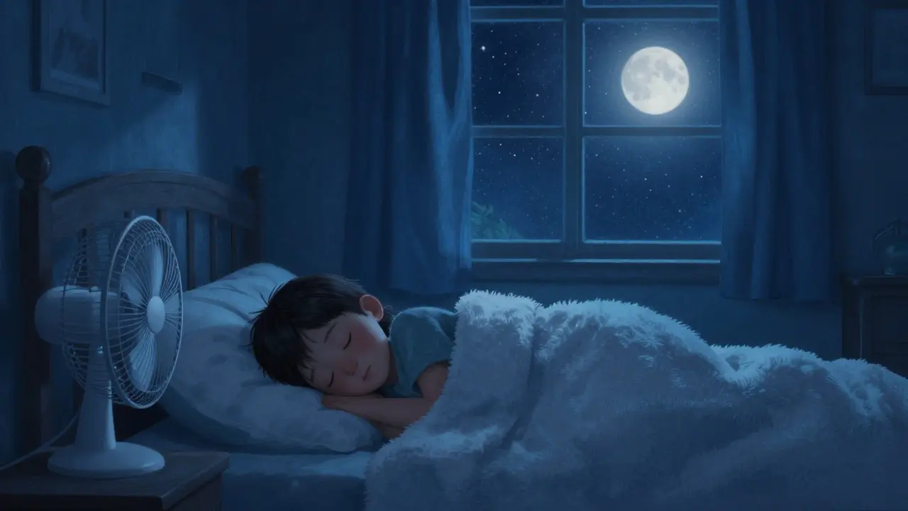 Silhouette of someone sleeping peacefully in a dark, cool bedroom.