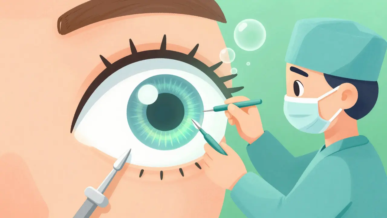 Stylized eye surgery showing a clear lens being inserted.