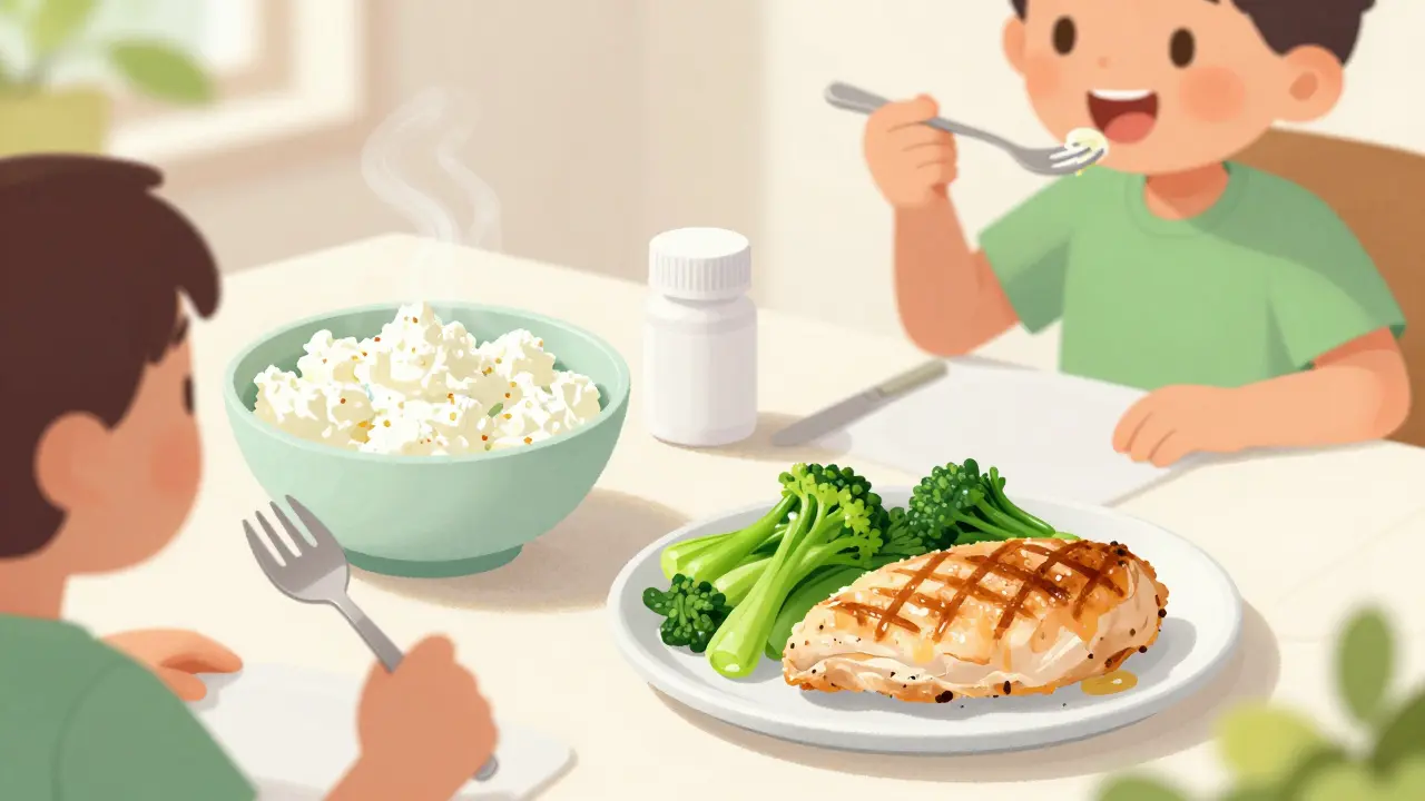 A bright table with fresh ricotta, grilled chicken, and steamed vegetables