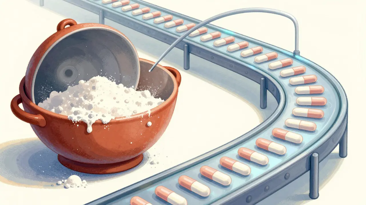 A comparison between a messy mixing bowl and a sleek, modern pill conveyor belt