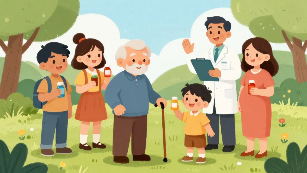 A diverse group of people in a sunny park with a friendly pharmacist, symbolizing drug safety.
