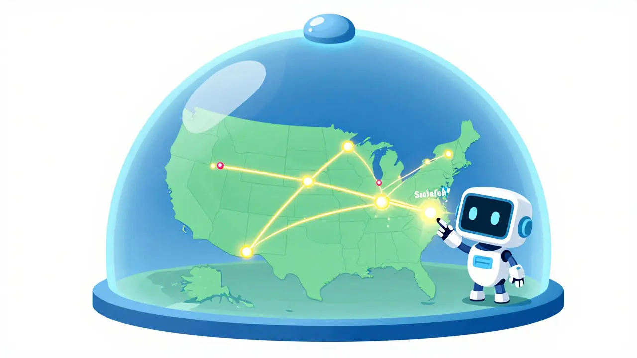 A friendly robot monitoring a glowing digital map of the US to find drug safety patterns.