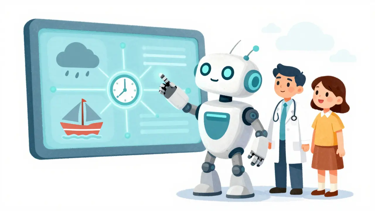 A friendly robot showing a doctor and patient a colorful predictive dashboard for medicine supply.