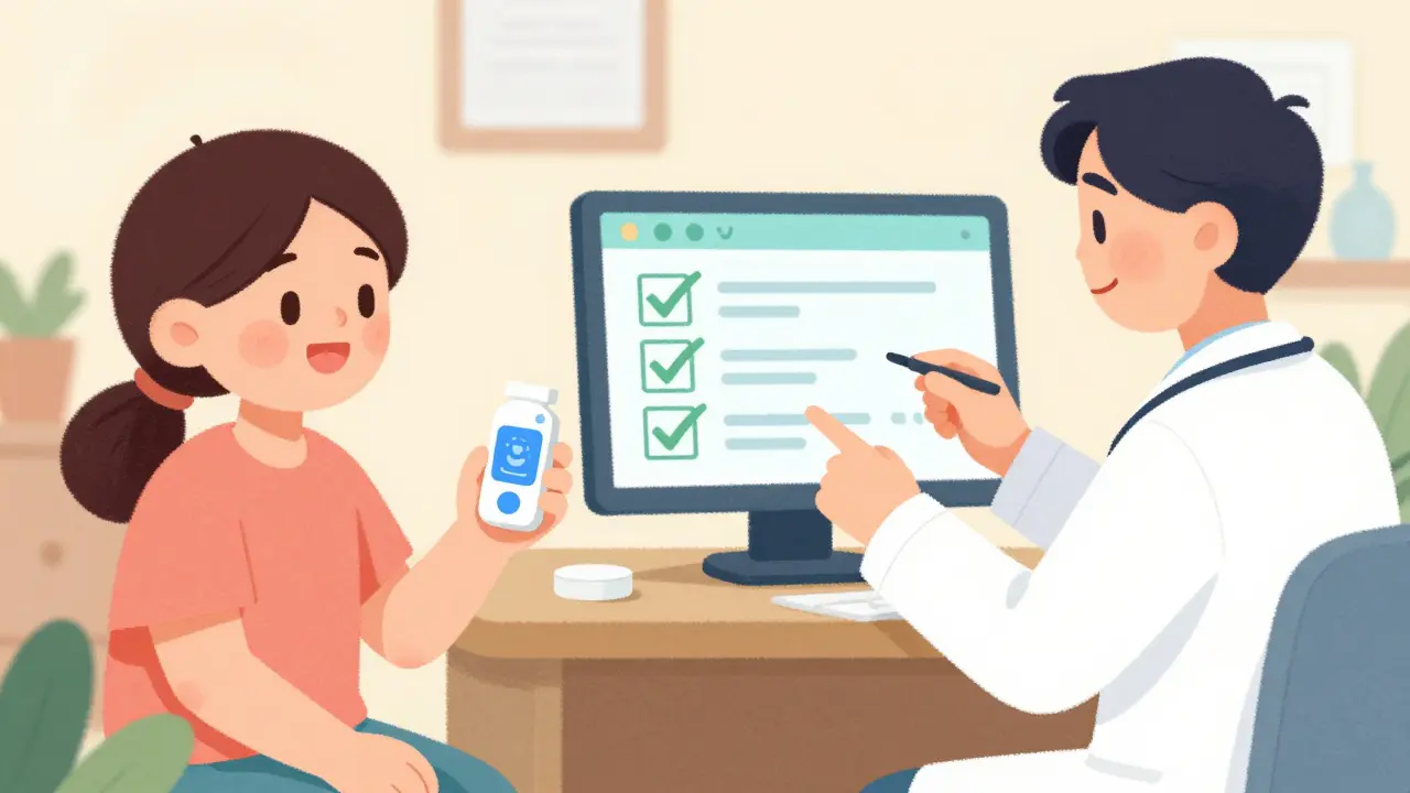 A patient with a smart device and a doctor monitoring progress on a digital dashboard.