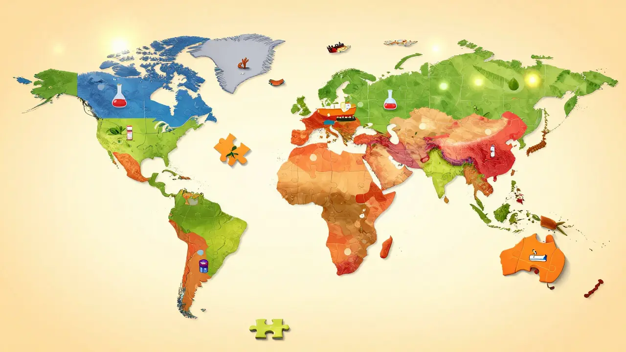 A playful puzzle map showing global ingredients connecting to a pharmacy with some missing pieces.