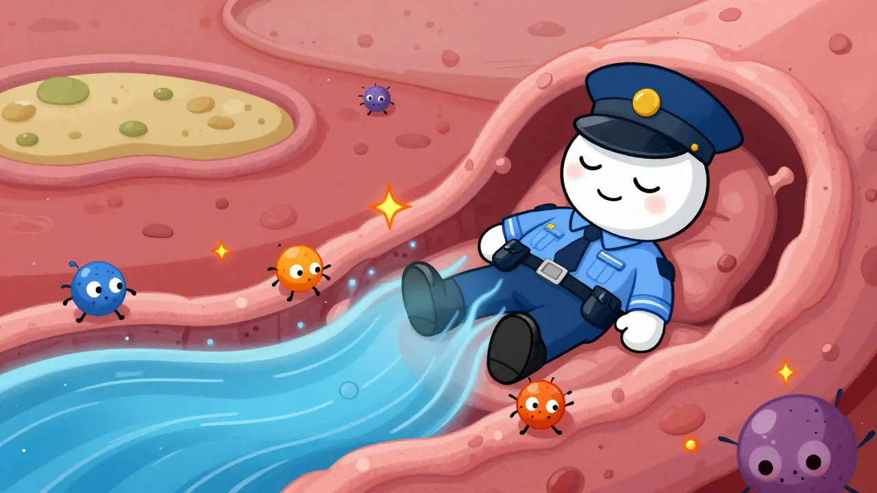 A sleeping enzyme guard letting tiny tyramine molecules pass by in a stylized body