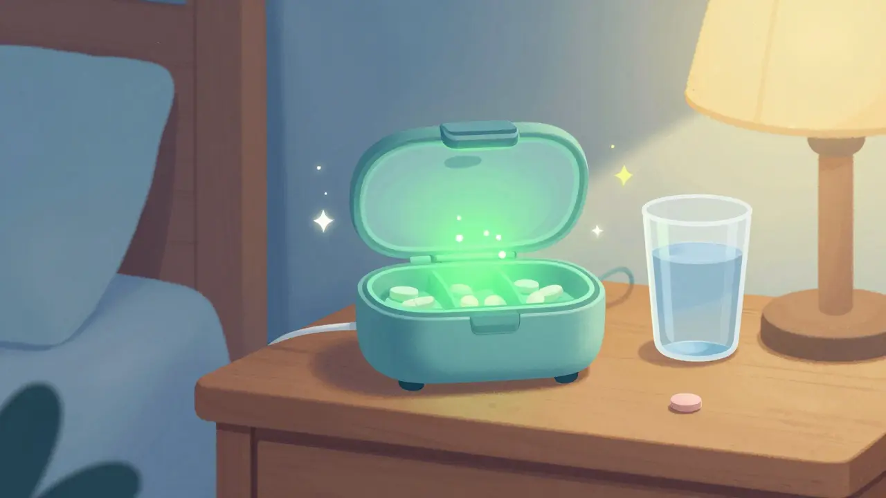 A smart pillbox glowing with a green light on a bedside table next to a glass of water.