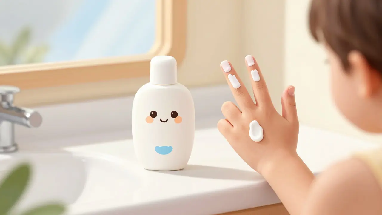 A smiling sunscreen bottle next to a hand demonstrating the two-finger application rule.