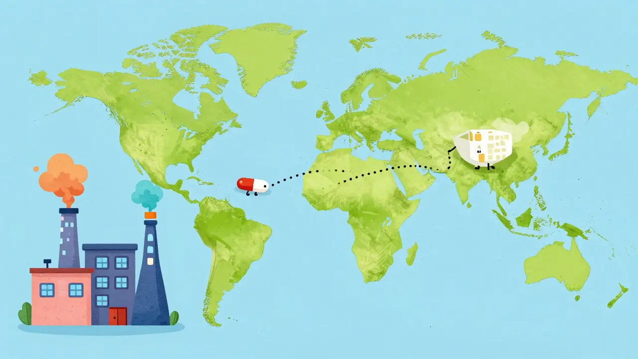 A whimsical map showing a pill traveling from a factory in Asia to the USA