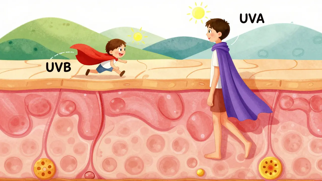 Cartoon depiction of UVA and UVB rays penetrating different layers of the skin.