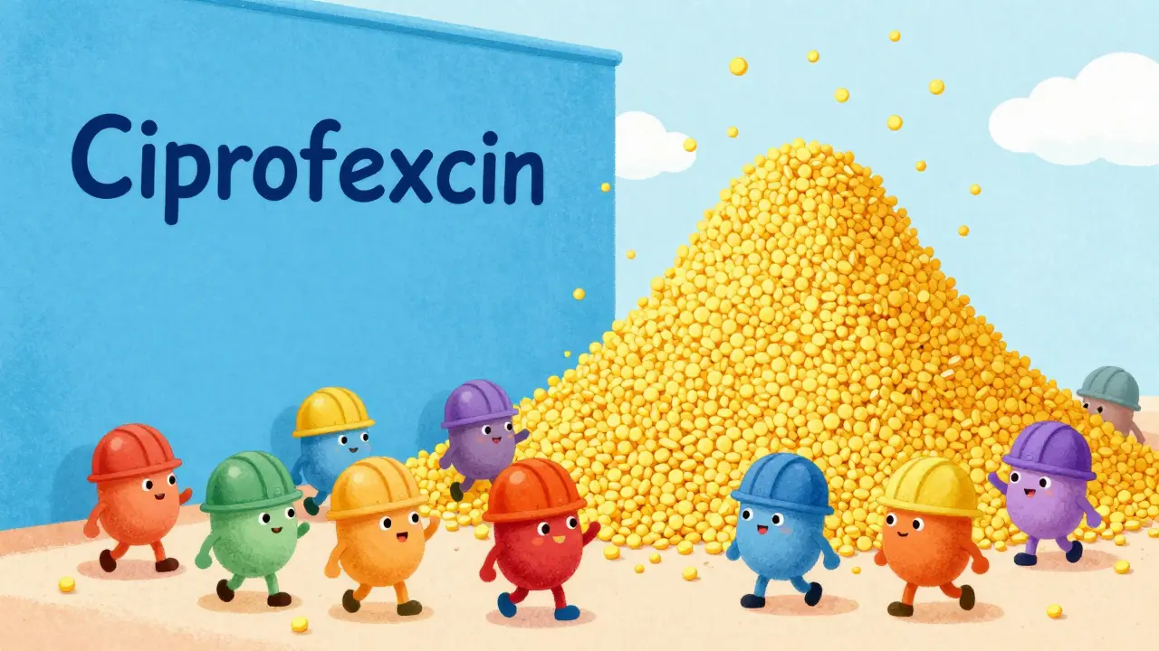 Cartoon enzyme workers blocked by a blue wall causing medicine to pile up