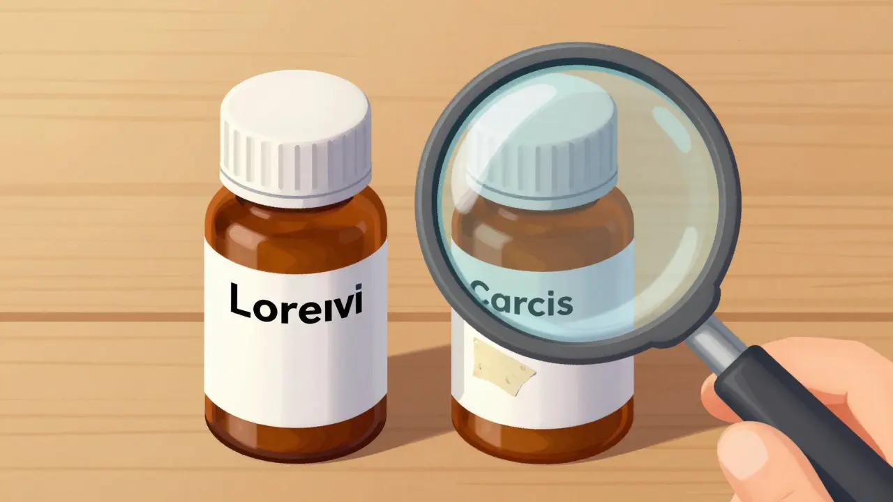 Close-up comparison of a real medicine bottle and a fake one with a magnifying glass