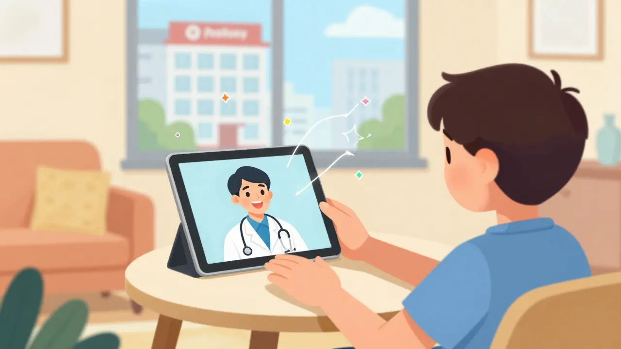 Illustration of a person consulting a smiling doctor via a tablet for a virtual medical prescription.