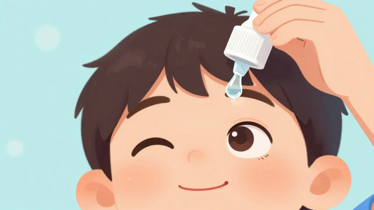 Instructional illustration of a person tilting their head back to apply an eye drop.