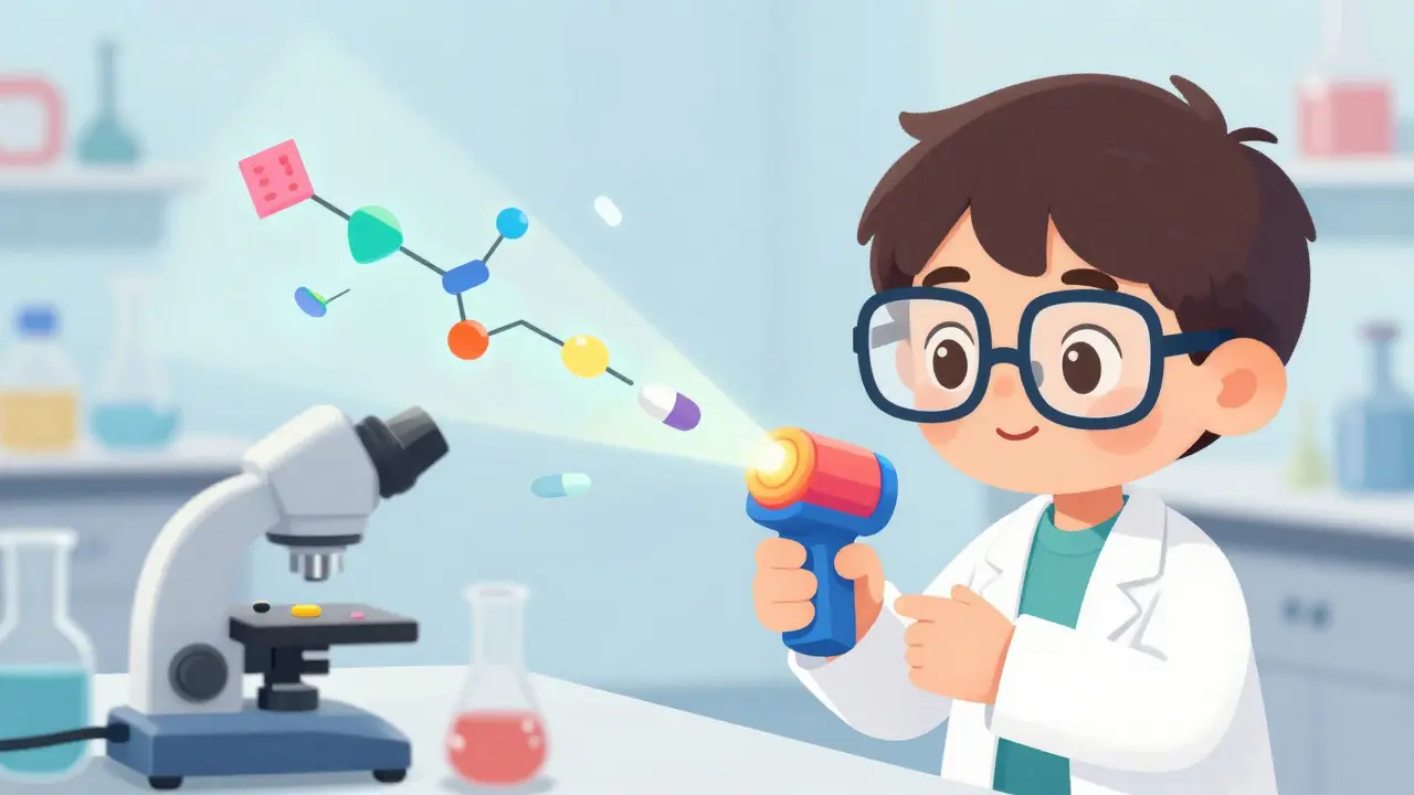 Scientist using a handheld scanner to verify the chemical signature of a pill