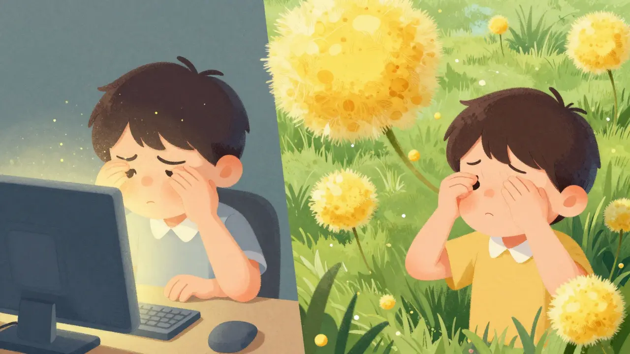 Split scene showing a person with screen fatigue and another reacting to pollen in a meadow.
