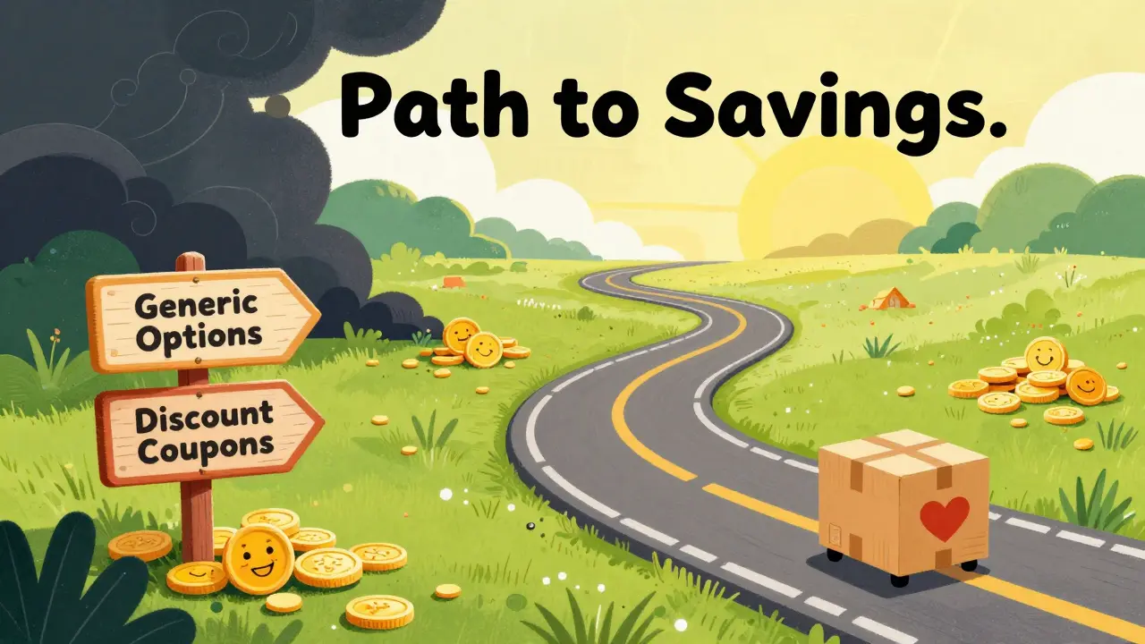 Whimsical path showing the journey from expensive medications to affordable generic options and home delivery.